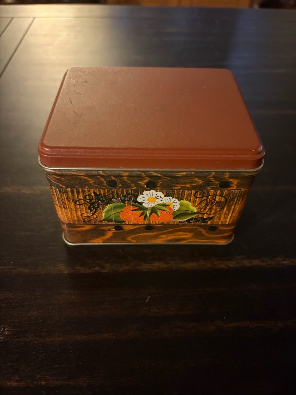Brown Strawberry Floral Decorative Metal Tin with Lid
